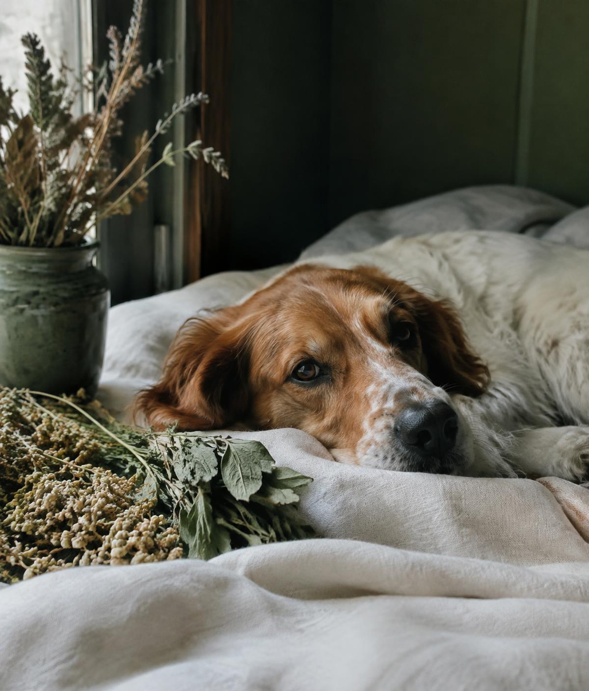 Entspannter Hund liegt auf einer Leinendecke neben getrockneten Kräutern